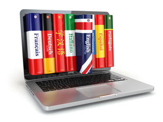 Poster - E-learning. Learning languages online. Dictionaries and laptop.