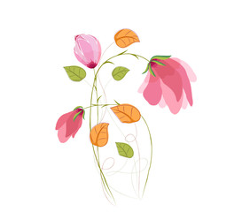 Wall Mural - Watercolor Bouquet of tulips in Pink and leaf
