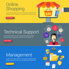 Wall Mural - Flat Design Concept. Set of Vector Illustrations for Web Banners. Online Shopping, Technical Support, Management