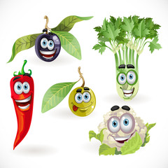 Funny cute vegetables smiles - celery, cauliflower, olives, chil