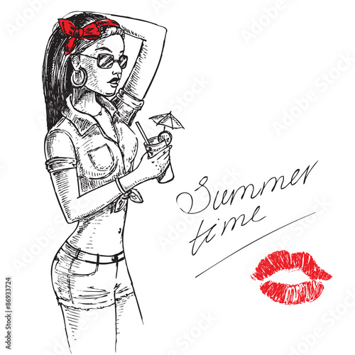 Obraz w ramie hand draw illustration beautiful girl summer