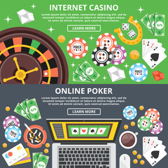 Poster - internet casino, online poker flat illustration concepts set