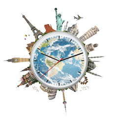 Fototapete - illustration of a clock with famous monuments