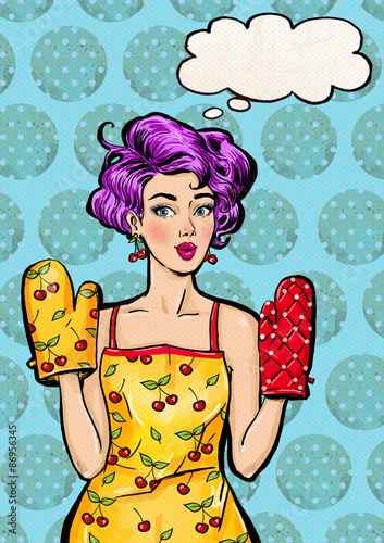 Obraz w ramie Pop Art girl in apron and oven mitts with the speech bubble. Pop Art girl. 