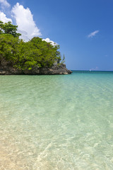 Wall Mural - Beach on tropical island. Clear blue water and sky 