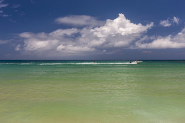 Wall Mural - Beach on tropical island. Clear blue water and sky 