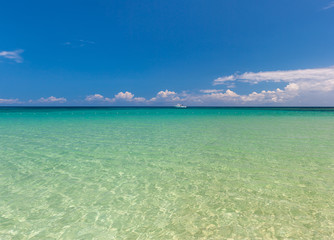 Wall Mural - Beach on tropical island. Clear blue water and sky 