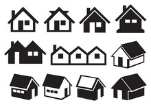 Black And White Gabled Roof House Icon Set