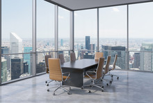 Panoramic Conference Room In Modern Office In New York City. Brown Chairs And A Black Table. 3D Rendering.
