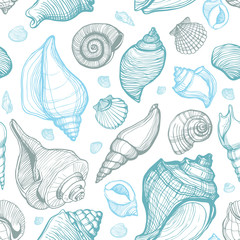 Wall Mural - Beach Seashell Pattern. Vector seamless pattern with seashells