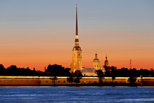 Peter And Paul Fortress At Sunset During The White Nights In St. Petersburg.