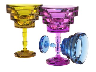 three glass set in yellow, green and blue