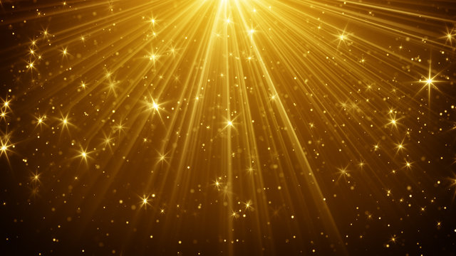 gold light rays and stars abstract background