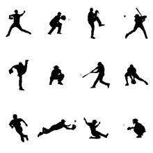 Baseball Set Of Twelve Black Vector Silhouette Illustrations