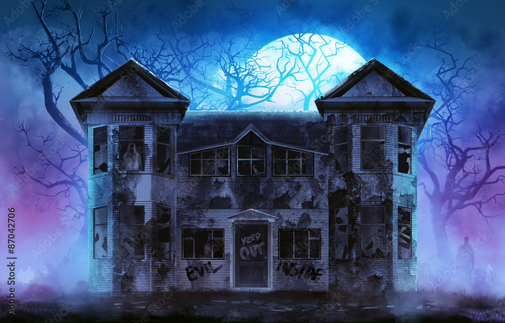 Old wooden grungy dark evil haunted house with evil spirits with full moon cold fog atmosphere and trees illustration. - obrazy, fototapety, plakaty 