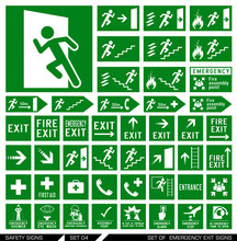 Set Of Safety Signs. Exit Signs. Set Of Emergency Exit Signs. Collection Of Warning Signs. Vector Illustration. Signs Of Danger. Signs Of Alerts.