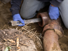 Man Digging Tree Roots Out Of Old Clogged Clay Ceramic Sewer Pip