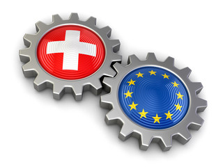 Poster - Swiss and European union flags on a gears (clipping path included)