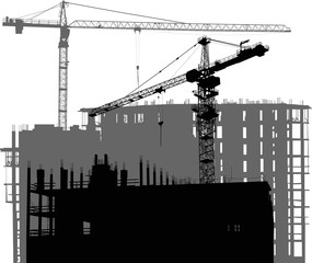 Poster - large black and grey two cranes above unfinished buildings