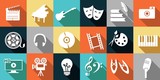 set of icons dedicated to arts: painting, music, literature, ballet, theater and cinema.