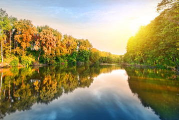 Wall Mural - Pink sunrise over river