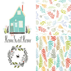 Home sweet home, floral fern patterns and round frame