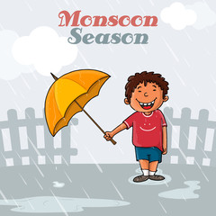 Wall Mural - Cute boy for Happy Monsoon Season.