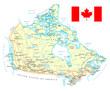 Canada - detailed map - illustration. Map contains topographic contours, country and land names, cities, water objects, roads, railways.