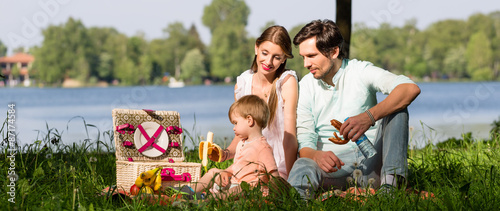 Plakat Rodzina o piknik nad jeziorem na łące