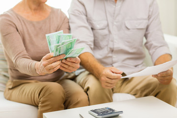 Canvas Print - close up of senior couple with money and bills