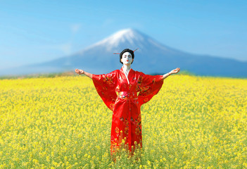 Wall Mural - Woman in geisha makeup with a mountain in the background