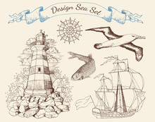Design Sea Set With Light House, Ship, Gull And Fish