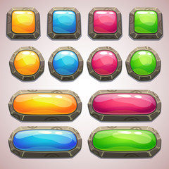 Set of cartoon colorful buttons on gray background, vector ui elements