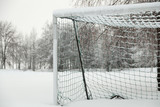 Fototapeta  - A soccer goal covered in snow an ice with some birches in the background