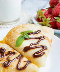 Poster - Pancakes with sliced strawberries and orange