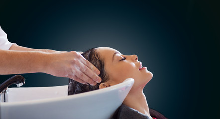 Poster - happy young woman at hair salon