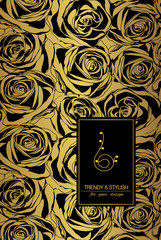 Wall Mural - Floral card on gold with black roses and place for text. 
