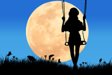 Silhouette Of Cute Girl Play Swing On Sunset Background