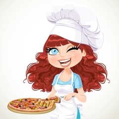 Cute curly hair girl chef offers a taste of pizza isolated on white background