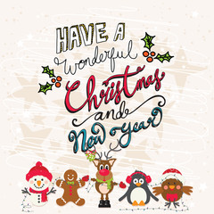 Wall Mural - Cute Christmas Characters on a Textured Cream Background