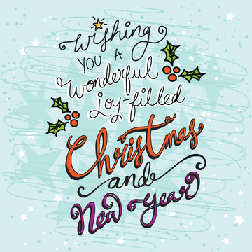 Christmas and New Year Hand Drawn Text with Holly