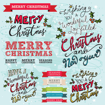 Christmas Text Bannersa with Holly on a Blue Textured Background