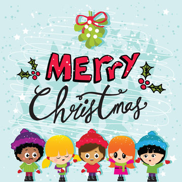 Merry Christmas Children on a Blue Background