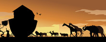 Animals Boarding Noah's Ark At Sunset With Noah Hands Raised In Praise