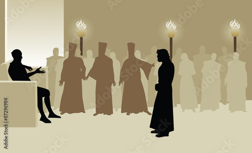 Fotografía Jesus Faces Pontius Pilate accused by the Sanhedrin as they Standby
