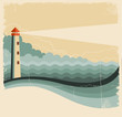 Lighthouse and sea waves.Vintage image on old background