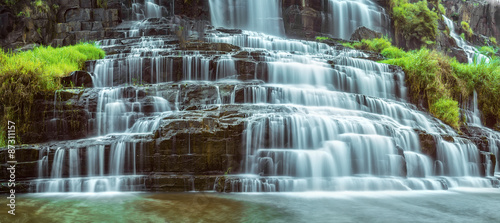 Obraz w ramie Pongour in late summer with the smooth flow of water on the stone steps. It is considered the most followers nicest multistage cascade of Lam Dong.