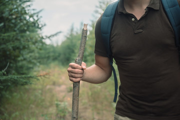 Poster - Hiker man walking with a wooden stick