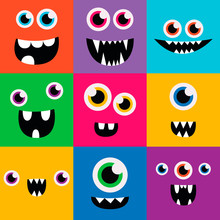 Cartoon Monster Faces Vector Set. Cute Square Avatars And Icons