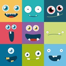 Cartoon Monster Faces Vector Set. Cute Square Avatars And Icons